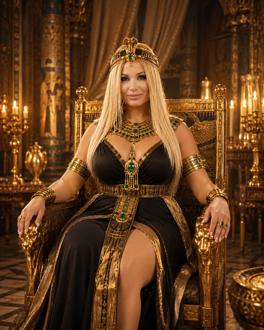 Cleopatra seated on a golden throne in a black and gold ceremonial gown