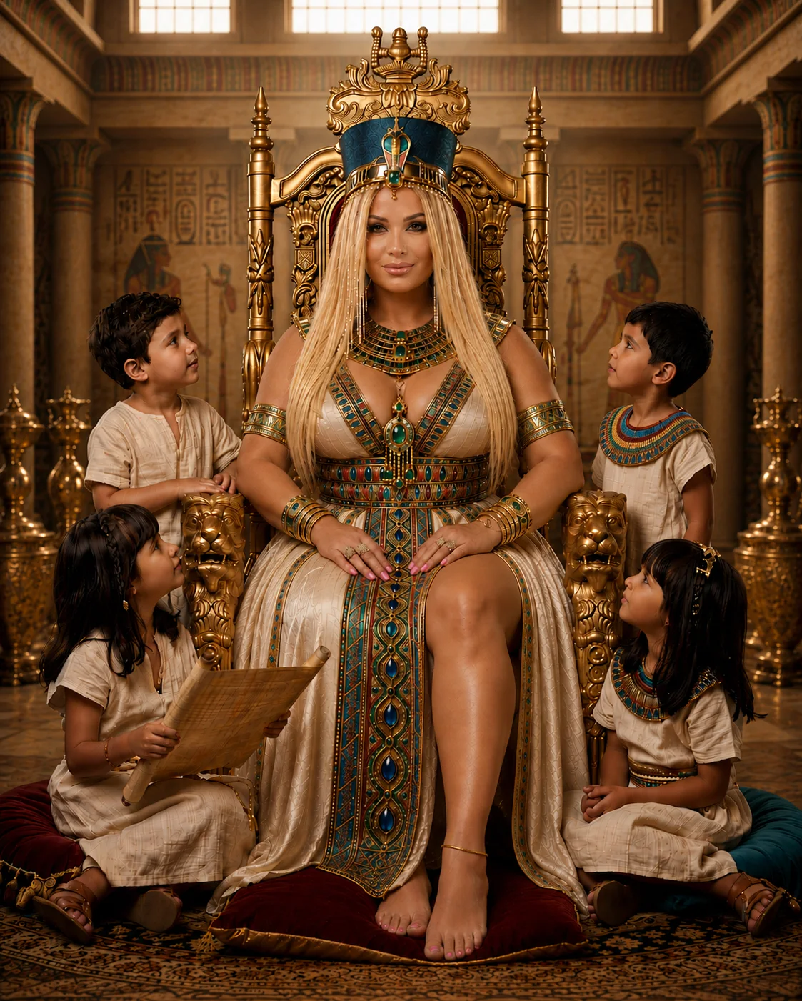 Cleopatra seated on a throne with four young attendants