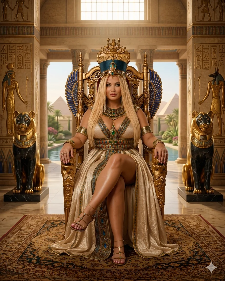 Cleopatra seated between black feline statues with pyramids in the distance